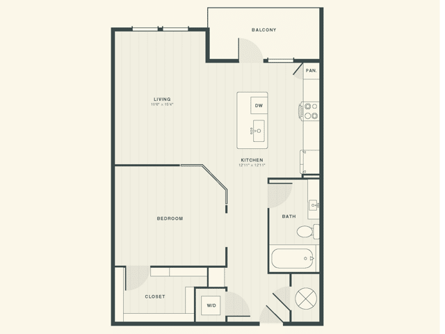 A 3D image of the The Holmes floorplan, a 771 squarefoot, Studio bed / 1 bath unit