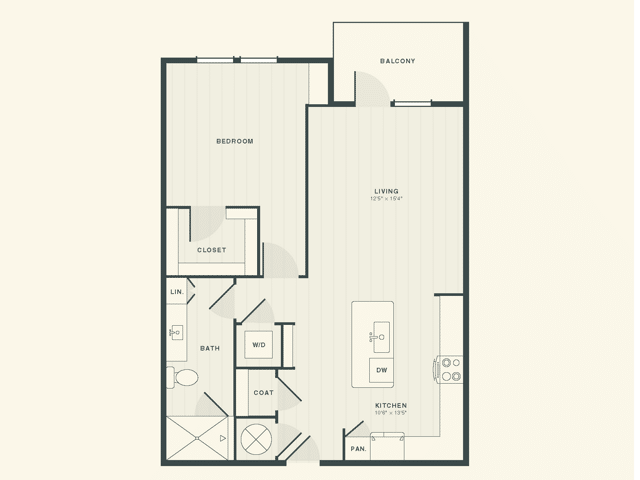 A 3D image of the The Finch floorplan, a 808 squarefoot, 1 bed / 1 bath unit