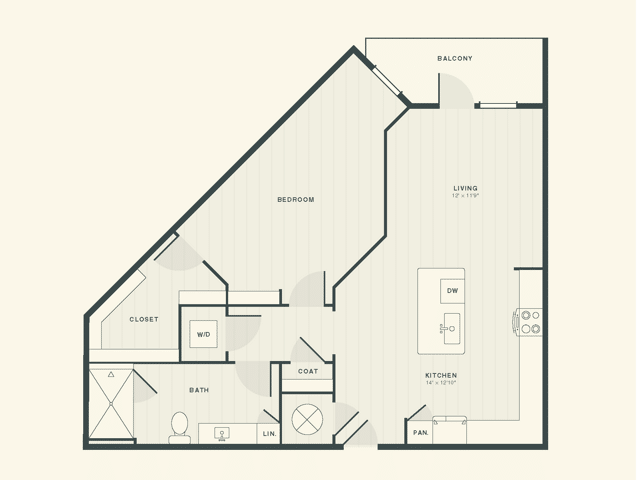 A 3D image of the The Harris floorplan, a 804 squarefoot, 1 bed / 1 bath unit