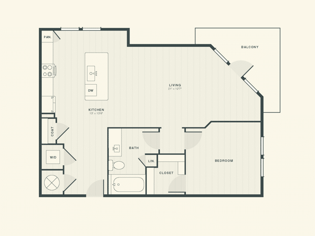 A 3D image of the The Clark floorplan, a 811 squarefoot, 1 bed / 1 bath unit