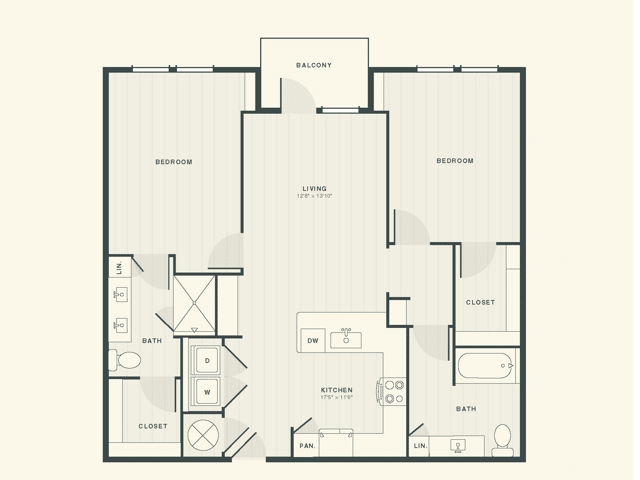 A 3D image of the The Potter floorplan, a 1,091 squarefoot, 2 bed / 2 bath unit