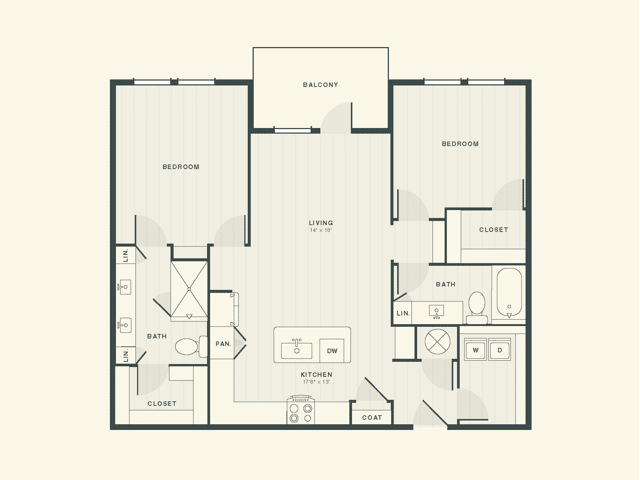 A 3D image of the The Weasley floorplan, a 1,301 squarefoot, 2 bed / 2 bath unit