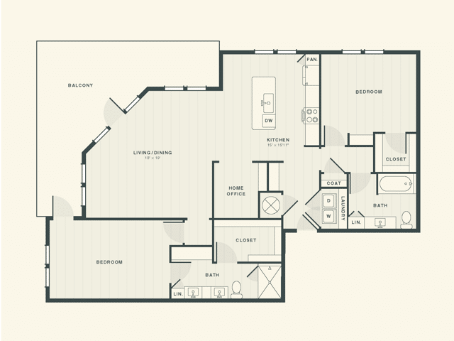 A 3D image of the The Granger floorplan, a 1,560 squarefoot, 2 bed / 2 bath unit