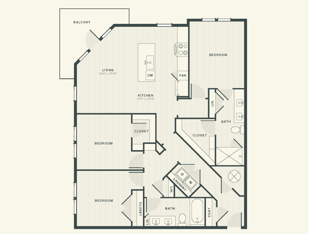 A 3D image of the The Watson floorplan, a 1,395 squarefoot, 3 bed / 2 bath unit