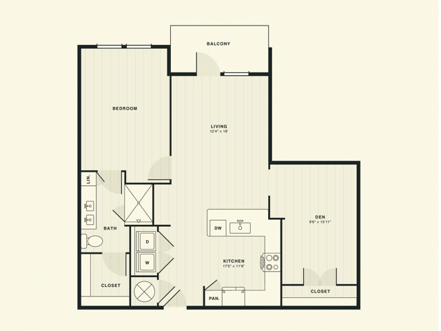 A 3D image of the The Jackson floorplan, a 1,071 squarefoot, 1 bed / 1 bath unit
